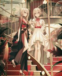 2girls absurdres black_dress blonde_hair breasts cleavage different_reflection dress flower high_heels highres indoors lily_(flower) long_hair looking_at_viewer mirror multiple_girls neck_ribbon original red_ribbon reflection ribbon sakakidani smile stairs stiletto_heels white_dress