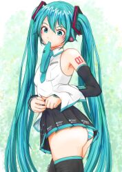 1girl adjusting_clothes aqua_eyes aqua_hair aqua_necktie ass black_skirt blush boots breasts closed_mouth collared_shirt detached_sleeves hair_between_eyes hair_ornament hatsune_miku headphones highres kazm00 long_hair long_sleeves medium_breasts miniskirt mouth_hold necktie necktie_in_mouth number_tattoo panties pleated_skirt shirt skirt sleeveless sleeveless_shirt striped_clothes striped_panties tattoo thick_thighs thigh_boots thighs twintails underwear very_long_hair vocaloid white_shirt