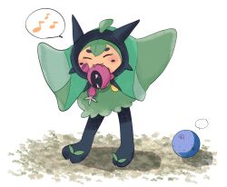 ... :3 ^_^ ball blush closed_eyes commentary eighth_note eyeliner fangs fewer_digits gen_2_pokemon green_eyeliner green_hair happy highres makeup marill mouth_hold musical_note nintendo no_humans ogerpon ogerpon_(teal_mask) pecharunt pokemon pokemon_(creature) pokemon_focus sezu_(inuhotwan) shadow short_eyebrows spoken_ellipsis spoken_musical_note standing tears thick_eyebrows white_background