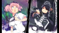 2girls absurdres animal_ears animal_hood black_bow black_dress black_hair black_hood black_necktie black_umbrella blue_eyes blunt_bangs blurry blurry_background bow breasts cat_ears cat_hood cross-shaped_pupils dress evil_grin evil_smile eyepatch fog game_cg gothic_lolita grin hanzou_academy_school_uniform hibari_(senran_kagura) highres holding holding_umbrella hood large_breasts lolita_fashion long_hair mirai_(senran_kagura) multiple_girls necktie non-web_source official_art open_mouth pillarboxed pink_hair red_eyes school_uniform senran_kagura senran_kagura_shoujo-tachi_no_shin&#039;ei shirt smile split_screen surprised sweatdrop symbol-shaped_pupils twintails umbrella white_shirt wide-eyed yaegashi_nan