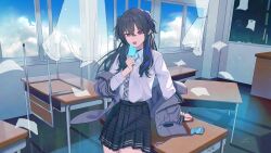 1girl absurdres black_collar black_hair black_skirt blazer blue_hair chair chalkboard classroom collar collared_shirt commentary curtains desk food highres holding holding_food holding_popsicle ichinose_uruha indoors jacket maria_onnette multicolored_hair necktie open_mouth popsicle purple_eyes school_desk shirt skirt solo streaked_hair table teeth two-tone_hair two_side_up virtual_youtuber vspo! white_shirt window