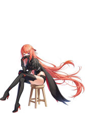 1girl black_boots black_gloves black_shirt black_shorts black_thighhighs boots braid cape closers crop_top crossed_legs full_body gloves hand_up high_heel_boots high_heels highres long_hair long_sleeves looking_at_viewer luna_aegis_(closers) mask midriff mouth_mask official_art orange_hair pink_eyes shirt short_shorts shorts simple_background sitting solo stool thigh_boots thighhighs thighs very_long_hair white_background