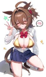 1girl absurdres agnes_tachyon_(umamusume) alternate_hairstyle animal_ears bikini blue_skirt bow bowtie breasts brown_hair commentary_request gold_bikini gyaru hair_between_eyes highres horse_ears horse_girl horse_tail large_breasts looking_at_viewer one_side_up pleated_skirt red_bow red_bowtie red_eyes school_uniform shirt short_hair skirt solo spoken_blush star_(symbol) swimsuit tail takatu_nanto umamusume v white_shirt