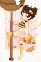 1girl absurdres antennae arthropod_girl bee_girl blush brown_hair crop_top female_focus flat_chest flower food_on_body full_body hair_bun hair_flower hair_ornament highres honey insect_girl insect_wings loli monchichiwa open_mouth original pleated_skirt shirt short_hair skirt sleeveless sleeveless_shirt smile solo standing standing_on_one_leg stinger striped_clothes striped_shirt thighhighs thighs tiptoes wings yellow_skirt yellow_thighhighs zettai_ryouiki