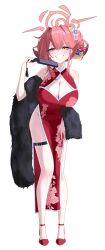 1girl 82jhin absurdres alternate_costume aru_(blue_archive) blue_archive brown_horns demon_horns dress full_body halo highres horns japanese_clothes kimono kimono_dress low_horns pink_hair pink_halo print_dress simple_background solo white_background