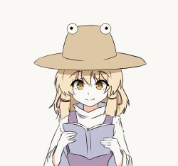 1girl book hat holding holding_book moriya_suwako purple_vest red_ribbon ribbon simple_background solo tarumaru touhou vest yellow_eyes