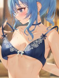 1girl arm_behind_back armpit_crease blue_bra blue_choker blue_eyes blue_hair blue_nails blush bow bow_bra bra breasts choker commentary_request earrings ebihurai fingernails highres hololive hoshimachi_suisei jewelry long_fingernails medium_breasts nail_polish parted_lips solo star_(symbol) star_earrings star_in_eye strap_lift sweat symbol_in_eye underwear undressing upper_body virtual_youtuber wet