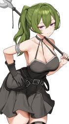 1girl absurdres armlet armpits bare_shoulders belt black_choker black_dress black_gloves breasts choker cleavage closed_mouth commentary cowboy_shot dress gloves green_hair halterneck hand_on_own_hip highres holding holding_polearm holding_weapon jewelry large_breasts leaning_forward long_hair looking_at_viewer muhae_(dcnh8882) over_shoulder pleated_dress polearm ponytail purple_eyes simple_background single_glove sleeveless sleeveless_dress smile solo sousou_no_frieren ubel_(sousou_no_frieren) weapon weapon_over_shoulder white_background