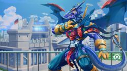 Rule 34 | absurdres, armor, arresterdramon, camokaryst, commission, cowboy shot, digimon, digimon (creature), dragon, german flag, green eyes, highres, outdoors, red armor, sharp teeth, smile, solo, standing, teeth