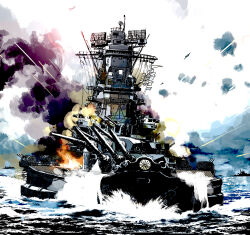 Rule 34 | anti-aircraft, anti-aircraft gun, autocannon, battleship, cannon, highres, imperial japanese navy, matsuda juukou, military, military vehicle, no humans, ocean, original, range finder, ship, ship turret, tbf avenger, type 96 aa gun, vehicle focus, warship, watercraft, waves, yamato (battleship)