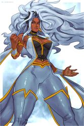 1girl boots breasts cleavage clenched_hand dark-skinned_female dark_skin earrings grey_eyes highres jewelry lightning_bolt_earrings lightning_bolt_symbol looking_at_viewer marvel marvel_tokon:_fighting_souls midriff open_hand pants shawl solo storm_(x-men) thigh_boots tiara wallace_pires wavy_hair white_pants x-men