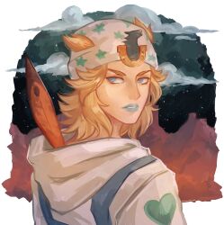 1boy absurdres blonde_hair blue_eyes blue_lips cloud commentary english_commentary feathers from_behind hat heart_ornament highres hood hood_down hoodie horse_print horseshoe_hat_ornament horseshoe_ornament johnny_joestar jojo_no_kimyou_na_bouken looking_back makeup male_focus medium_hair midnitetheatric mountain night night_sky sky solo star_(sky) star_(symbol) star_print starry_sky steel_ball_run white_hat white_hoodie