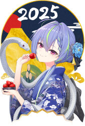 1girl 2025 alternate_costume blue_flower blue_hair blue_kimono blush bowl chinese_zodiac closed_mouth commentary_request egasumi floral_print floral_print_kimono flower food fruit green_hair hair_flower hair_intakes hair_ornament highres holding holding_bowl japanese_clothes kadomatsu kimono long_sleeves looking_at_viewer looking_to_the_side mole mole_under_eye mount_fuji multicolored_hair nanashi_inc. ougimaneki pink_eyes print_kimono short_hair smile snake solo strawberry suzumi_nemo tassel tassel_hair_ornament two-tone_hair upper_body variant_set virtual_youtuber white_background wide_sleeves year_of_the_snake yukata