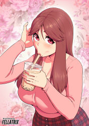 1girl artist_name breasts brown_eyes brown_hair bubble_tea cup disposable_cup drinking_straw english_text fellatrix floral_background highres holding holding_cup huge_breasts long_hair looking_at_viewer original pink_nails pink_shirt plaid_clothes plaid_skirt red_skirt shirt skirt solo