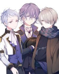Rule 34 | 3boys, aqua scarf, argyle clothes, argyle scarf, arishima takeo (bungou to alchemist), ascot, black dress, black gloves, black hat, black kimono, black pants, black vest, brooch, brown jacket, bungou to alchemist, closed mouth, colored lapels, cowboy shot, cropped jacket, dress, expressionless, eyes visible through hair, frown, glasses, gloves, grey hair, hair between eyes, hair over one eye, haori, hat, highres, holding, holding unworn clothes, holding unworn hat, jacket, japanese clothes, jewelry, kawabata yasunari (bungou to alchemist), kimono, kume masao (bungou to alchemist), lapels, light smile, long sleeves, male focus, multiple boys, notched lapels, open clothes, open jacket, pants, parted lips, pink ascot, pinstripe pattern, pinstripe vest, purple eyes, purple hair, purple sash, purple vest, red eyes, red scarf, round eyewear, sash, scarf, short bangs, simple background, sleeve cuffs, sleeve garter, tuxedo shirt, unworn hat, unworn headwear, vest, wazuka (wzzc), white ascot, white background, white hair, white jacket