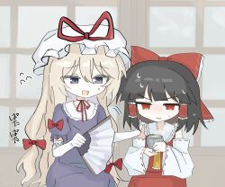 Rule 34 | 2girls, absurdres, bare shoulders, black hair, blonde hair, blush, bow, cup, detached sleeves, dress, elbow gloves, gloom (expression), gloves, hair between eyes, hair ribbon, hair tubes, hakurei reimu, hand fan, hand on another&#039;s shoulder, hat, highres, holding, holding cup, holding fan, long hair, medium hair, mob cap, multiple girls, neckerchief, open mouth, purple dress, purple eyes, red bow, red eyes, red shirt, red skirt, ribbon, shirt, short sleeves, sitting, skirt, smile, suisuitoutou, sweat, sweatdrop, touhou, very long hair, white gloves, yakumo yukari, yellow neckerchief