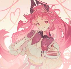 1girl :q absurdres arknights cake cake_slice cherry closed_mouth commentary_request dress food fork fruit highres holding holding_fork holding_plate long_hair long_sleeves looking_at_viewer nymph_(arknights) nymph_(sweetness_to_the_heart)_(arknights) parted_bangs pink_hair pink_ribbon plate pointy_ears red_eyes ribbon smile solo tongue tongue_out toru_3 very_long_hair white_dress
