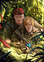 Rule 34 | 2boys, beret, black gloves, black jacket, blonde hair, blue butterfly, blue eyes, brown hair, bug, bulletproof vest, butterfly, curtained hair, day, fingerless gloves, gloves, godsstation, gun, hat, highres, holding, holding gun, holding weapon, insect, jack krauser, jacket, leon s. kennedy, male focus, multiple boys, outdoors, resident evil, resident evil: the darkside chronicles, short hair, snake, weapon
