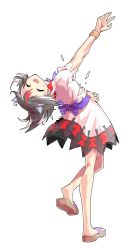 Rule 34 | 1girl, alphes (style), arm up, black hair, bracelet, brown sandals, commentary request, cone horns, dairi, defeat, dress, full body, grey horns, highres, horns, jewelry, kijin seija, large variant set, leaning back, medium hair, multicolored hair, outstretched arm, parody, puffy short sleeves, puffy sleeves, red hair, sandals, short sleeves, small horns, solo, streaked hair, style parody, tachi-e, torn clothes, touhou, transparent background, variant set, white hair