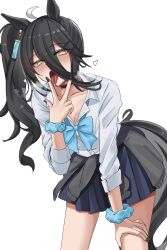 1girl alternate_costume alternate_hairstyle animal_ears black_choker black_hair black_jacket black_nails blue_bow blue_scrunchie blue_skirt blush bow choker clothes_around_waist gyaru hair_between_eyes highres horse_ears horse_girl jacket jacket_around_waist lengkuass long_bangs long_hair manhattan_cafe_(umamusume) one_side_up saliva scrunchie shirt sidelocks skirt solo tongue tongue_out umamusume white_shirt wrist_scrunchie yellow_eyes