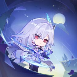 1girl absurdres black_shoes blue_gemstone chibi closed_mouth cloud commentary crossed_bangs dot_nose elbow_gloves english_commentary floating_hair from_behind full_body full_moon gem genshin_impact gloves hair_intakes hair_ornament highres holding holding_sword holding_weapon long_hair looking_at_viewer looking_back moon night night_sky official_art purple_hair shoes skirk_(genshin_impact) sky solo standing sword symbol-shaped_pupils thighhighs tree very_long_hair weapon