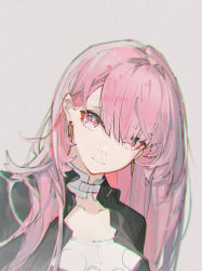 1girl arknights black_shirt choker chromatic_aberration closed_mouth collarbone commentary earrings grey_background hair_between_eyes highres jewelry lemuen_(arknights) long_hair looking_at_viewer openvl pink_eyes pink_hair shirt simple_background smile solo upper_body white_choker white_shirt