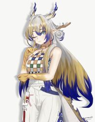 1girl arknights bare_shoulders bead_necklace beads blush breasts brooch closed_mouth collarbone dragon_girl dragon_horns dragon_tail earrings eastern_dragon_horns eastern_dragon_tail green_eyes hair_between_eyes highres horns index_finger_raised jewelry long_hair looking_at_viewer medium_breasts necklace one_eye_closed orion_non pointy_ears shirt shu_(arknights) simple_background smile strapless strapless_shirt tail tassel tassel_earrings tube_top white_background white_tube_top