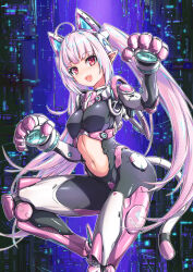 Rule 34 | 1girl, :d, absurdres, breasts, character request, copyright request, cyborg, fang, fish.boy, highres, joints, long hair, looking at viewer, mechanical ears, mechanical tail, navel, open mouth, paw pose, pink hair, pointy ears, prosthesis, prosthetic arm, red eyes, robot joints, small breasts, smile, solo, tail, twintails, very long hair