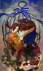 1boy 1girl absurdres ascot bad_id bad_pixiv_id bare_shoulders beast_(disney) beauty_and_the_beast belle_(disney) brown_hair cage disney dress flower food highres horns kukka long_hair prince_adam rose