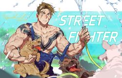 1boy animal arm_tattoo bara blonde_hair blue_eyes blush chest_tattoo copyright_name dog flavedochen highres holding holding_hose hose large_pectorals luke_sullivan male_focus mature_male muscular muscular_male nipples pectorals scar scar_across_eye scar_on_face short_hair splashing street_fighter street_fighter_6 tattoo water wet wet_clothes wet_hair