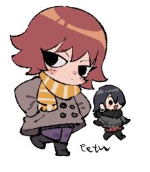 2girls :d artist_name black_eyes black_gloves black_hair black_pantyhose black_skirt blush_stickers boots brown_coat chibi closed_mouth coat expressionless freckles gloves grey_sweater hair_over_one_eye hands_in_pockets kim_pine knives_chau long_sleeves multiple_girls open_mouth pantyhose plaid_clothes plaid_scarf plaid_skirt pleated_skirt purple_pantyhose red_hair red_skirt scarf scott_pilgrim_(series) scott_pilgrim_takes_off short_hair skirt smile solid_circle_eyes sweater tetsu_(teppei) walking white_background yellow_scarf