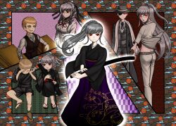 1boy 1girl aged_down alternate_costume alternate_hairstyle blonde_hair braid collared_shirt danganronpa_(series) danganronpa_2:_goodbye_despair danganronpa_3_(anime) fedora freckles glasses grey_hair hat highres holding holding_sword holding_weapon jacket kuzuryu_fuyuhiko long_hair long_sleeves multiple_views necktie official_alternate_costume official_alternate_hairstyle pants pekoyama_peko red_eyes ribbon risarisa_328 scarf school_uniform shirt short_hair smile sword twin_braids twintails weapon white_pants
