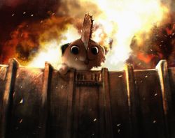 a_grim_reminder chainsaw chainsaw_man giant highres hybrid looking_at_viewer parody pochita_(chainsaw_man) raberu_ruru scene_reference sepia shingeki_no_kyojin smoke solo wall