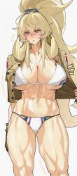 1girl absurdres barghest_(fate) barghest_(swimsuit_archer)_(final_ascension)_(fate) blonde_hair breasts commentary fate/grand_order fate_(series) green_eyes heterochromia highres huge_breasts kamisato_sora long_hair muscular muscular_female official_alternate_costume official_alternate_hairstyle ponytail solo symbol-only_commentary tall_female