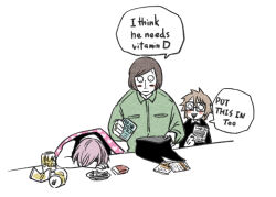 Rule 34 | 3boys, alcohol, beer, beer can, blanket, brown hair, can, cigarette, cigarette holder, commentary request, drink can, english text, glasses, green shirt, haribo, luther von ivory, male focus, multiple boys, nyen (randal&#039;s friends), pink hair, randal&#039;s friends, randal ivory, shirt, short hair, simple background, table, tank top, tsukasa (tsukasa mimizuku), white background