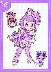 Rule 34 | 1girl, boots, border, bow, brooch, cellphone, choker, clenched hand, cure sword, curly hair, davi (dokidoki! precure), deformed, determined, dokidoki! precure, dot nose, dotted line, dress, earrings, feather sleeves, full body, furrowed brow, grid background, hair ornament, hair tie, hairclip, heart, heart brooch, high heel boots, high heels, high side ponytail, highres, jewelry, kenzaki makoto, loose hair strand, magical girl, medium hair, open mouth, outline, petticoat, phone, ponytail, precure, purple arm warmers, purple background, purple boots, purple border, purple bow, purple choker, purple dress, purple eyes, purple hair, short dress, short ponytail, short sleeves, signature, smartphone, spade (shape), spade earrings, standing, stiletto heels, swept bangs, tareme, thigh boots, uwded 207, waist bow, white background, white outline, white sleeves