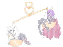 2girls absurdres aura_(sousou_no_frieren) balance_scale black_boots black_dress black_gloves black_pantyhose boots braid breasts brown_boots capelet closed_mouth demon_horns dress elbow_gloves elf forehead frieren gloves green_eyes hair_over_shoulder highres horns long_hair long_sleeves mini_person minigirl multiple_girls pantyhose parted_bangs parted_lips pleated_skirt pointy_ears purple_eyes purple_hair seila_rei shirt short_eyebrows simple_background skirt small_breasts sousou_no_frieren striped_clothes striped_shirt thick_eyebrows thigh_boots twintails weighing_scale white_background white_capelet white_hair white_skirt