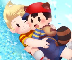 2boys animal_ears ass ass_grab backpack bad_tag bag black_hair blonde_hair blush child flower hat lucas_(mother) lucas_(mother_3) male mother_(series) mother_2 mother_3 multiple_boys ness ness_(mother_2) nintendo raccoon_ears raccoon_tail red_hat shirt shoes shorts shota sjsj_10 socks striped_clothes striped_shirt super_smash_bros. tail yaoi