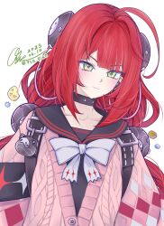 1girl absurdres black_choker black_sailor_collar blunt_bangs bow cardigan choker flat_chest green_eyes highres long_hair pink_cardigan red_hair sailor_collar smile twintails ukinami_yuzuha upper_body white_bow y.l.q. zenless_zone_zero
