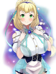 1girl absurdres aged_up bare_shoulders black_corset blonde_hair blue_gemstone blush braid breasts closed_mouth clothing_cutout commentary_request corset creatures_(company) dress game_freak gem green_eyes hands_on_own_chest highres hizakake huge_breasts lillie_(pokemon) long_hair looking_at_viewer low-braided_long_hair low-tied_long_hair nintendo pokemon pokemon_sm short_sleeves shoulder_cutout sidelocks sleeveless smile solo standing white_dress