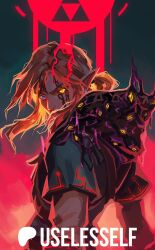 1boy armor black_sclera blonde_hair blood blood_on_face blue_eyes champion&#039;s_tunic_(zelda) colored_sclera commentary corruption dark_persona earrings english_commentary english_text extra_eyes glowing glowing_eye glowing_eyes grey_sleeves heterochromia hood hood_down jewelry layered_sleeves link long_sleeves looking_at_viewer looking_back male_focus mismatched_sclera nintendo pointy_ears ponytail short_over_long_sleeves short_sleeves sign signature solo the_legend_of_zelda the_legend_of_zelda:_breath_of_the_wild triforce tunic upper_body useless_elf warning_sign yellow_eyes