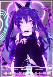 1girl absurdres animal_ear_fluff animal_ears bare_shoulders belt_collar black_choker black_jacket black_thighhighs blue_hair blush choker closed_mouth collar collarbone commission feet glitch hair_between_eyes hands_on_own_knees highres jacket knees_up long_hair looking_at_viewer mechanical_tail multicolored_hair neon_lights no_shoes off_shoulder one-piece_swimsuit open_clothes open_jacket original panties pantyshot pink_eyes purple_eyes purple_hair purple_jacket school_swimsuit shiro9jira sitting skeb_commission smile solo streaked_hair striped_clothes striped_panties swimsuit tail thighhighs twintails underwear