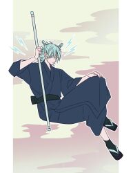 Rule 34 | aqua eyes, aqua hair, black sash, blue kimono, closed mouth, cloud background, double bun, full body, geta, hair bun, highres, holding, holding staff, japanese clothes, jujutsu kaisen, kashimo hajime, kimono, lightning bolt symbol, medium hair, sandals, sash, sitting, staff, tabi, yuz46