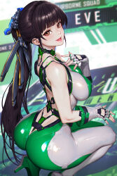 1girl ass black_hair breasts brown_eyes brown_hair commentary eve_(stellar_blade) gloves goddess_of_victory:_nikke highres long_hair looking_at_viewer looking_back neoartcore science_fiction skin_tight smile solo squatting stellar_blade thighs
