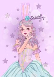 1girl animal_ears animification ballerina blush brown_eyes choker duffy_and_friends highres humanization izuminnie0613 lips long_hair looking_at_viewer purple_eyes purple_hair rabbit_ears skirt smile solo stellalou wavy_hair