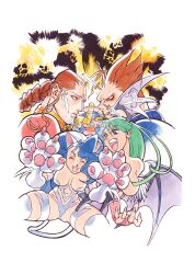2boys 3girls ^_^ absurdres animal_ears animal_hands bat_wings bengus blue_eyes blue_hair blue_skin braid breasts brown_hair cat_ears chinese_clothes claws cleavage closed_eyes colored_skin darkstalkers demitri_maximoff donovan_baine fangs felicia_(darkstalkers) fingernails game_cg green_hair hat head_wings highres hsien-ko jiangshi juggling large_breasts long_hair morrigan_aensland multiple_boys multiple_girls non-web_source official_art ofuda open_mouth tail wings