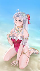 1girl ahoge aqua_eyes bare_shoulders blush bow breasts carlotta_(splashing_summer)_(wuthering_waves) carlotta_(wuthering_waves) casual_one-piece_swimsuit cleavage cleavage_cutout closed_mouth clothing_cutout collarbone commentary covered_navel hair_bow hand_on_own_chest highres kraben long_hair looking_at_viewer nail_polish off-shoulder_one-piece_swimsuit off_shoulder official_alternate_costume one-piece_swimsuit parted_bangs pink_bow pink_nails pink_one-piece_swimsuit sandals sitting smile solo striped_bow swimsuit symbol-only_commentary thighs toes wariza water wuthering_waves