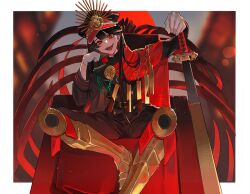 1girl absurdres armored_boots belt black_belt black_hair boots cape commission evil_smile fate/grand_order fate_(series) gloves hat highres katana long_hair military_hat oda_nobunaga_(fate) oda_nobunaga_(koha-ace) oda_uri red_cape red_eyes ribs si_(sitisi_28) sitting skeb_commission smile sword weapon white_gloves
