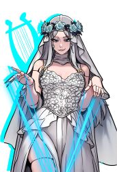 Rule 34 | 1girl, absurdres, bare shoulders, biting own lip, blue eyes, braid, commentary, cowboy shot, doll joints, dress, elden ring, elden ring nightreign, english commentary, flower wreath, ghost ornament, head wreath, highres, instrument, joints, looking at viewer, low twin braids, lyre, parted bangs, redpostit, revenant (elden ring), side slit, solo, twin braids, veil, white background, white dress, white hair, white veil