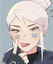 1girl animification asian blue_eyes blue_jacket fingerless_gloves gloves hair_behind_ear hair_bun heart highres hood hooded_jacket hyoon_(sockgyu) jacket jett_(valorant) parted_lips solo tongue tongue_out valorant